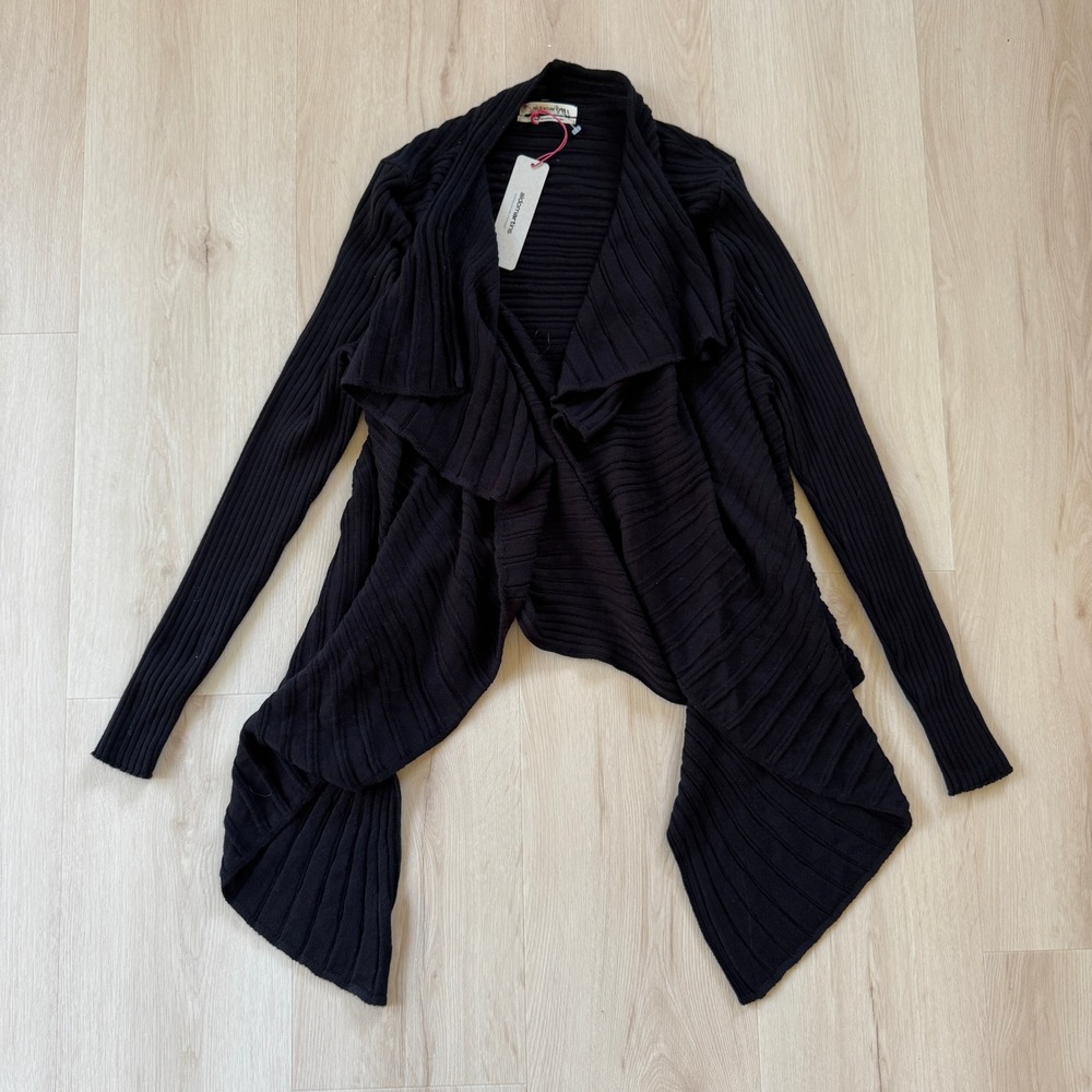 NWT! Aldo Martins Barcelona Black Wool Blend Ribbed Draped Cardigan Sweater 12